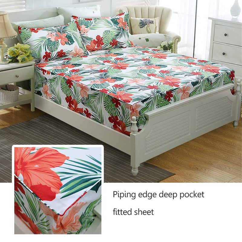 FADFAY Green Floral Sheets Queen Size 100% Cotton Floral Bed Sheet Ultra Soft Tropical Bedding Banana Palm Leaves Top Sheet Hawaiian Deep Pocket Fitted Sheet 4-Pieces - Image 3